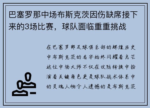 巴塞罗那中场布斯克茨因伤缺席接下来的3场比赛，球队面临重重挑战